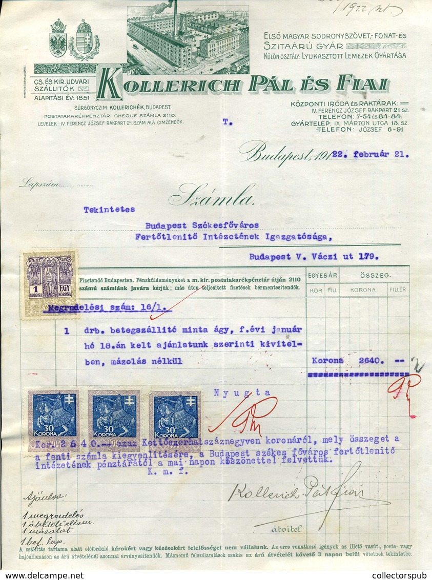 95965 KOLLERICH Pál és Fiai, Szitaárugyár , Régi Fejléces,céges Számla 1922. - Non Classés