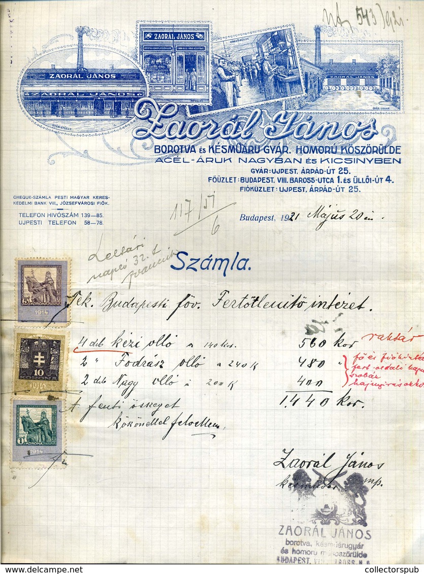 95967 ZAORÁD János  Borotva és Késműárugyár, Régi,fejléces,céges Számla 1921 - Unclassified