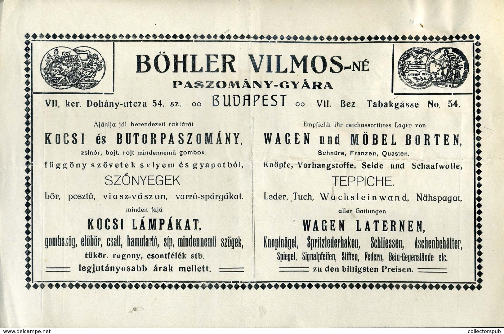 95975 Böhler Vilmosné, Paszománygyár Régi,fejléces,céges Számla 1923. - Unclassified