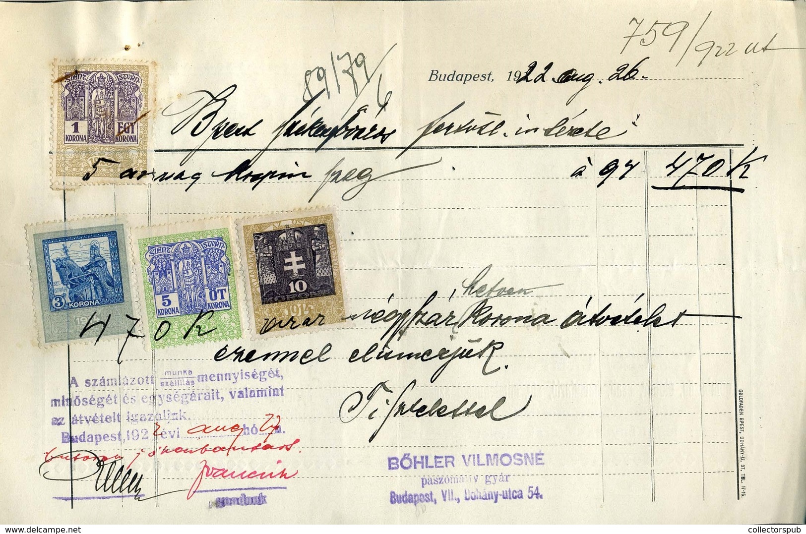 95975 Böhler Vilmosné, Paszománygyár Régi,fejléces,céges Számla 1923. - Unclassified