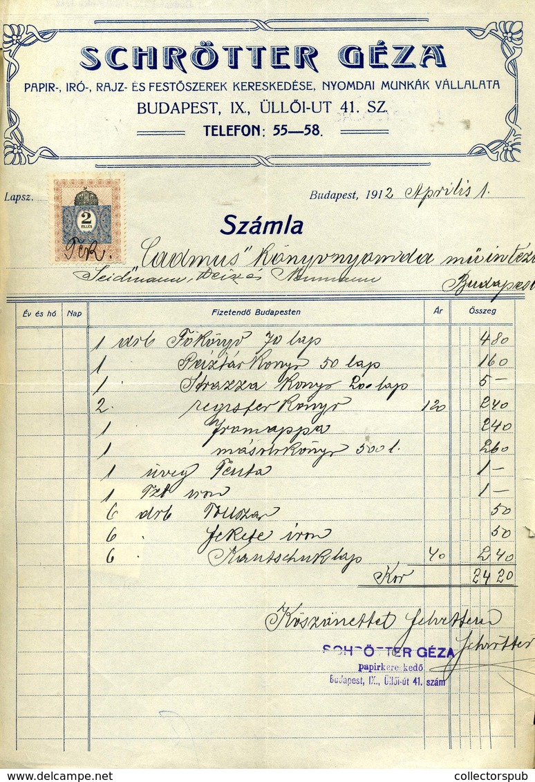 95976 Shrötter Géza, Papírkereskedő Régi,fejléces,céges Számla 1912. - Non Classés