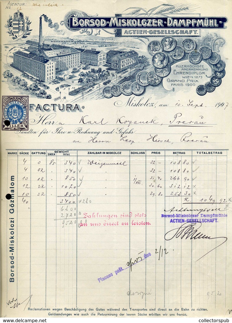 95980 MISKOLC Borosd-Miskolczer Dampfmühle  Régi,fejléces,céges Számla 1907. - Non Classés