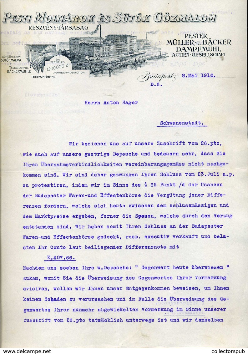 95920 Pesti Molnárok és Sütők  Régi,fejléces,cégeslevél 1910. - Unclassified