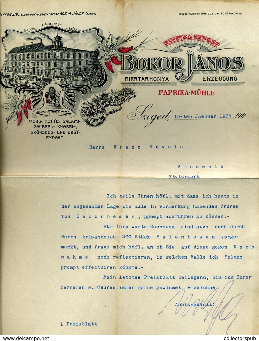 95931 Bokor János, Paprika Malom, Régi Céges,fejléces Levél 1907. Szeged - Unclassified