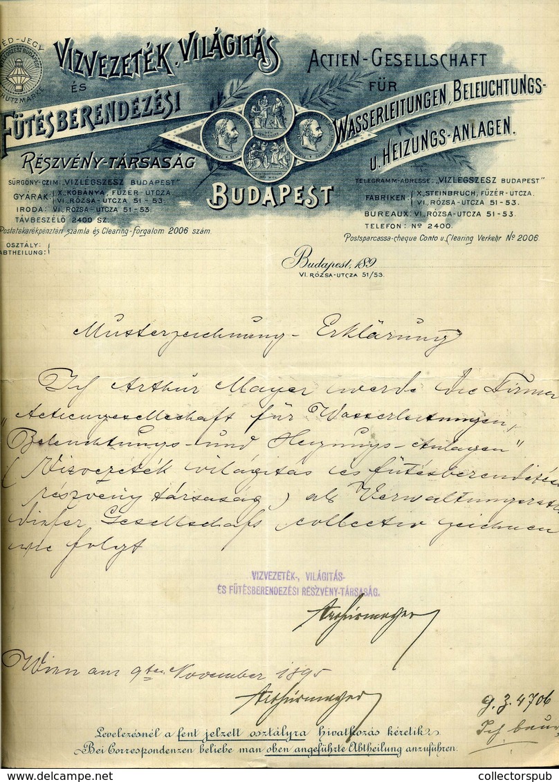 95547 Vízvezeték, Világítás és Fűtésberendezés Rt. Régi Fejléces,céges Számla 1895. - Non Classés