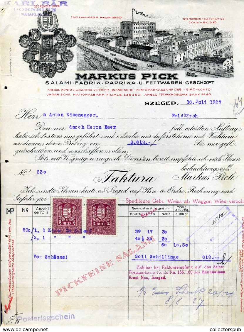 96005 Marcus Pick Régi ,fejléces,céges Számla  1927. Szeged. - Non Classés
