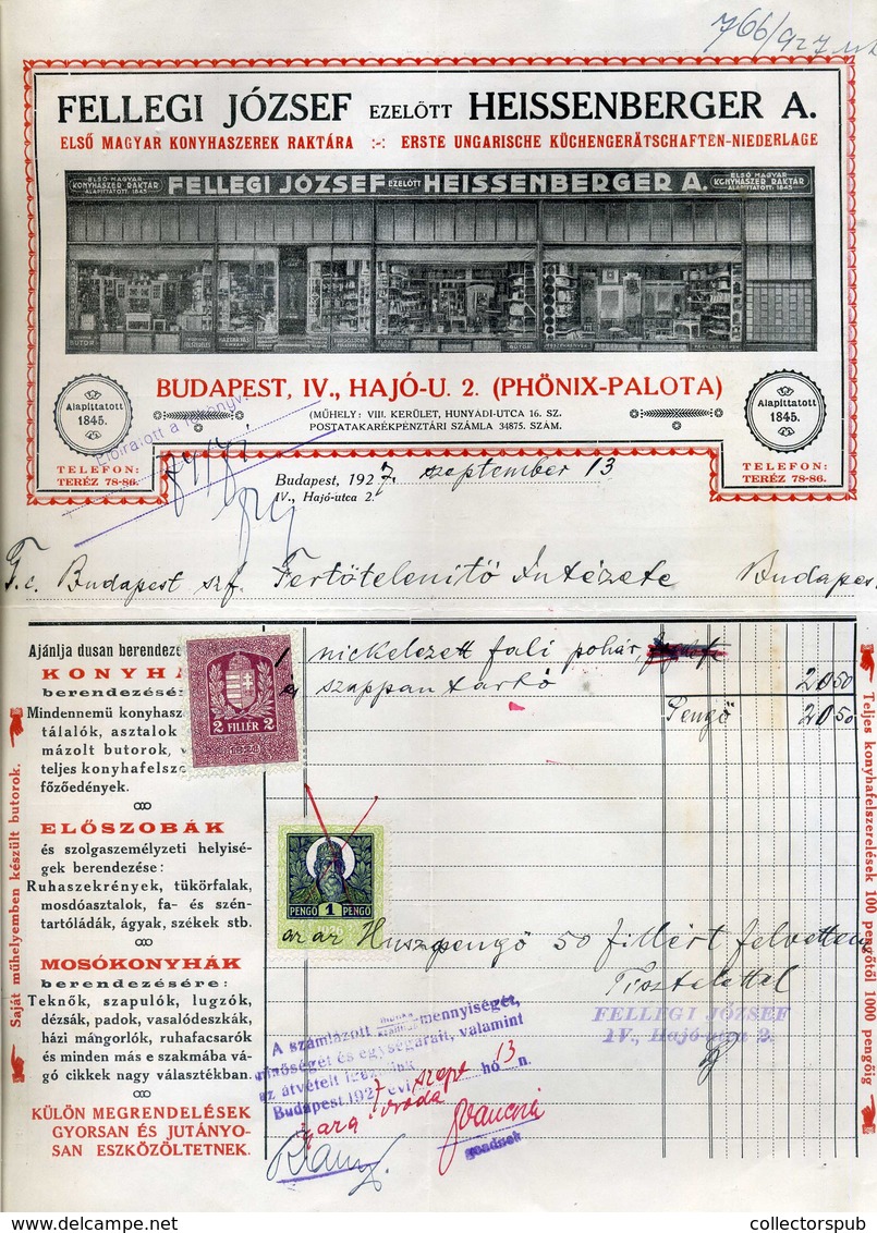 95951 Fellegi József ,Heissenberger Első Magyar Konyhaszerek Régi ,fejléces,céges Számla  1927. - Unclassified