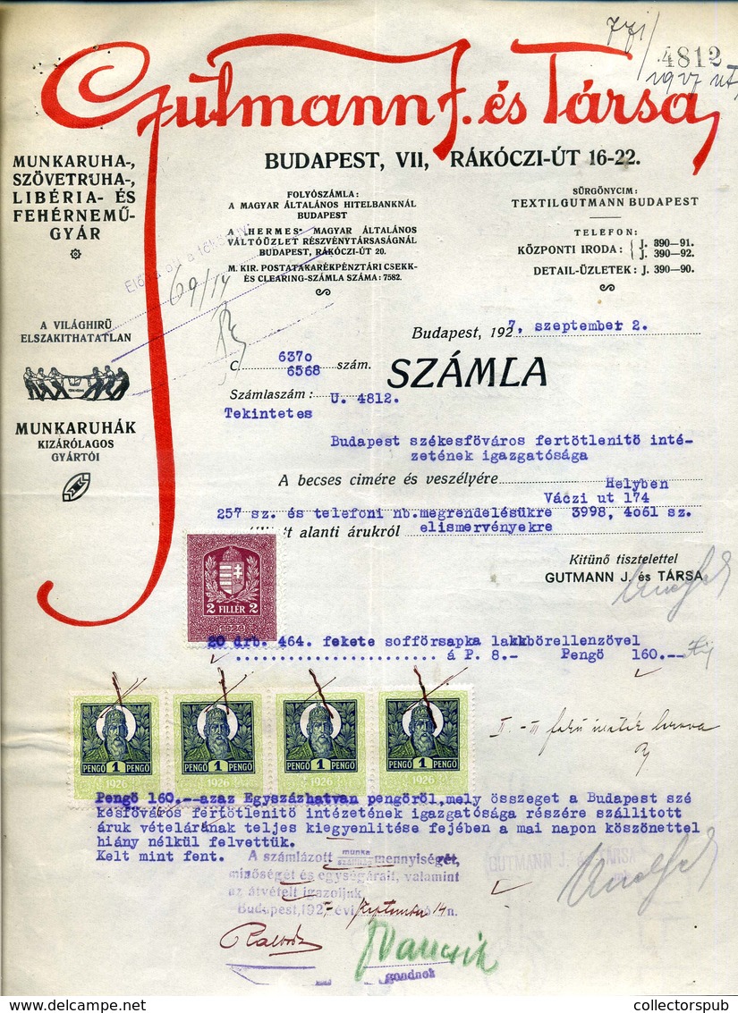 95952 Gutmann és Társa, Munkaruha, Régi ,fejléces,céges Számla  1927. - Non Classés