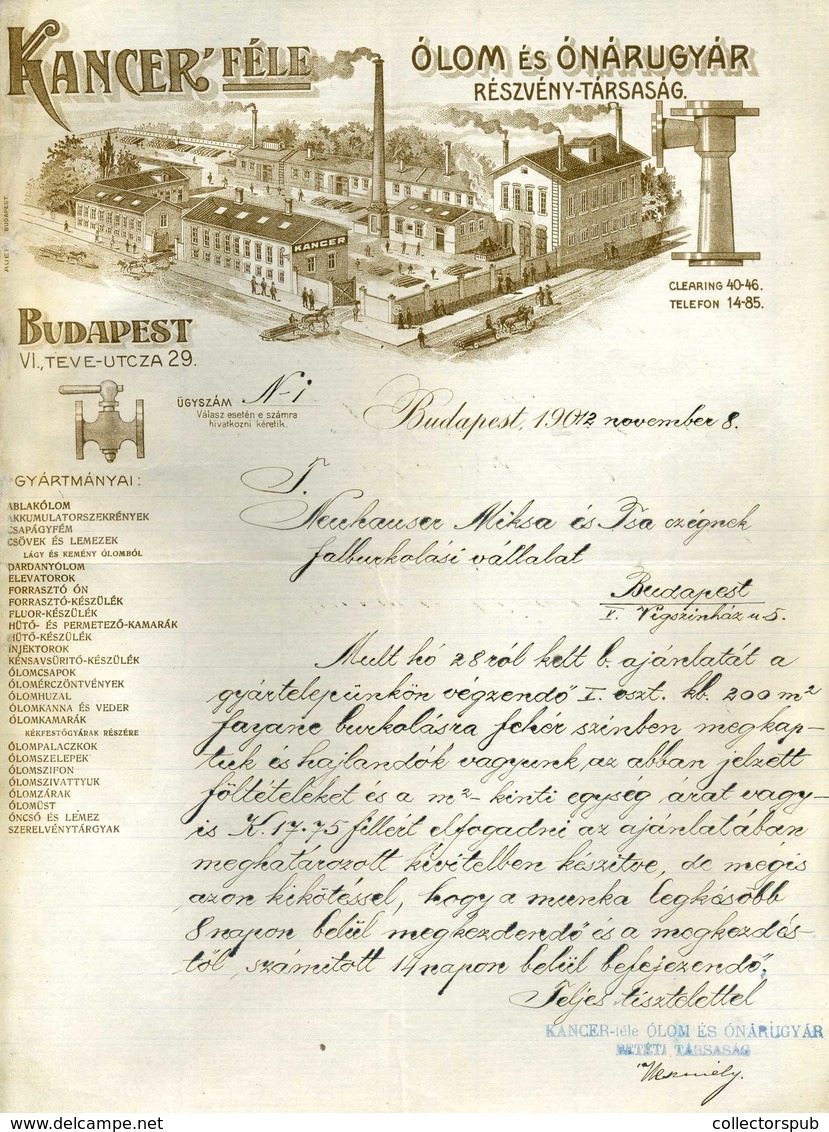 95959 Kancer Ólom és Ónárugyár ,fejléces,céges Levél 1912 - Unclassified