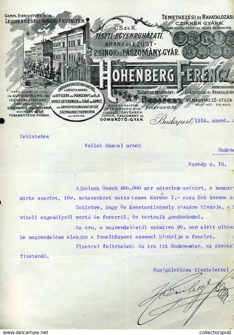 95960 Hohenberg Ferenc Tiszti Egyenruházati , Paszomány  ,fejléces,céges Levél 1916. - Unclassified