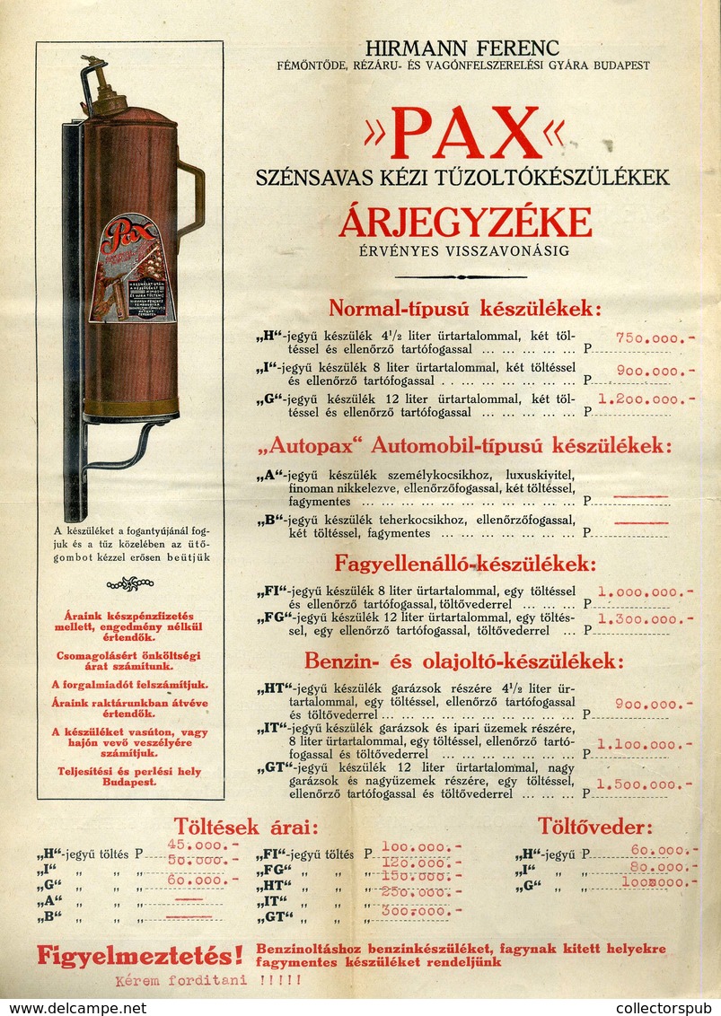 96001 PAX Szénsacas Tűzoltókészülék, Árjegyzék  1930. Cca. - Non Classés