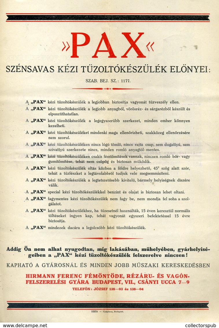 96001 PAX Szénsacas Tűzoltókészülék, Árjegyzék  1930. Cca. - Non Classés