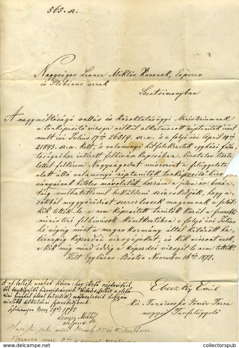 96293 EGYHÁZASBÁT 1872. Hivatalos Levél Feledre Küldve Ebeczky Emil 1818-1891. Tisztviselő, újságíró Volt 1848-49-es Sza - ...-1867 Prephilately