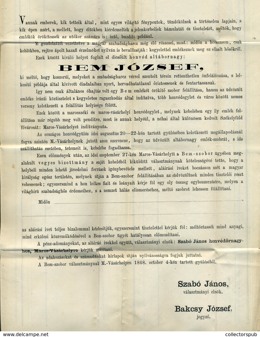 96400 MAROSVÁSÁRHELY 1868. Honvédegylet,dekoratív Postázott Nyomtatvány Bem József Szobrának Felállításáról. Szép Postat - Briefe U. Dokumente