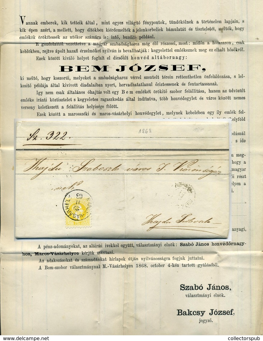 96400 MAROSVÁSÁRHELY 1868. Honvédegylet,dekoratív Postázott Nyomtatvány Bem József Szobrának Felállításáról. Szép Postat - Covers & Documents