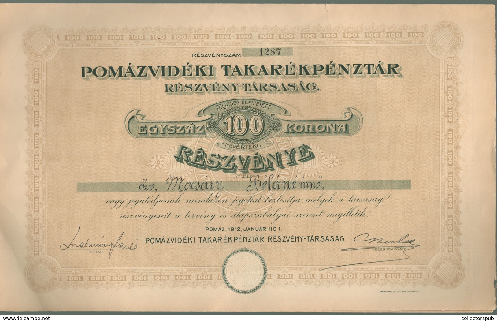 97000a POMÁZ 1912. Pomázvidéki Takarékpénztár Részvény - Ohne Zuordnung