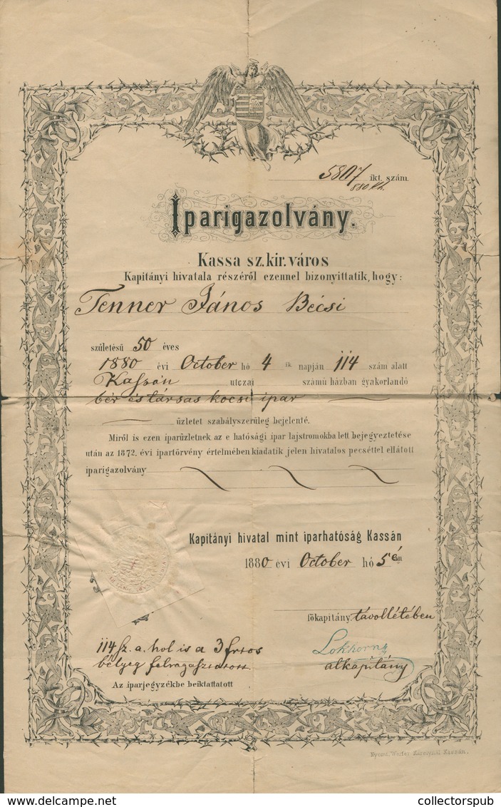 97032 KASSA 1888. Iparigazolvány , "bér és Társas Kocsi Ipar" Kocsi Iparos Részére. Dekoratív Darab! HUNGARY / SLOVAKIA - Unclassified