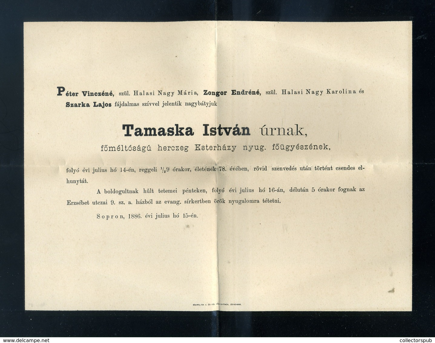 96462 SOPRON 1886. Gyászjelentés 2kr-ral, Tamaska István Az Esterházy Család Főügyésze - Lettres & Documents