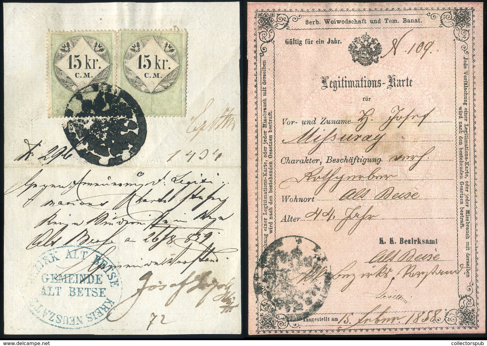 97681 ÓBECSE 1859. Szép Igazolvány, Okmány Bélyegekkel  /  ÓBECSE 1859 Nice ID, Stamp Duty - Revenue Stamps