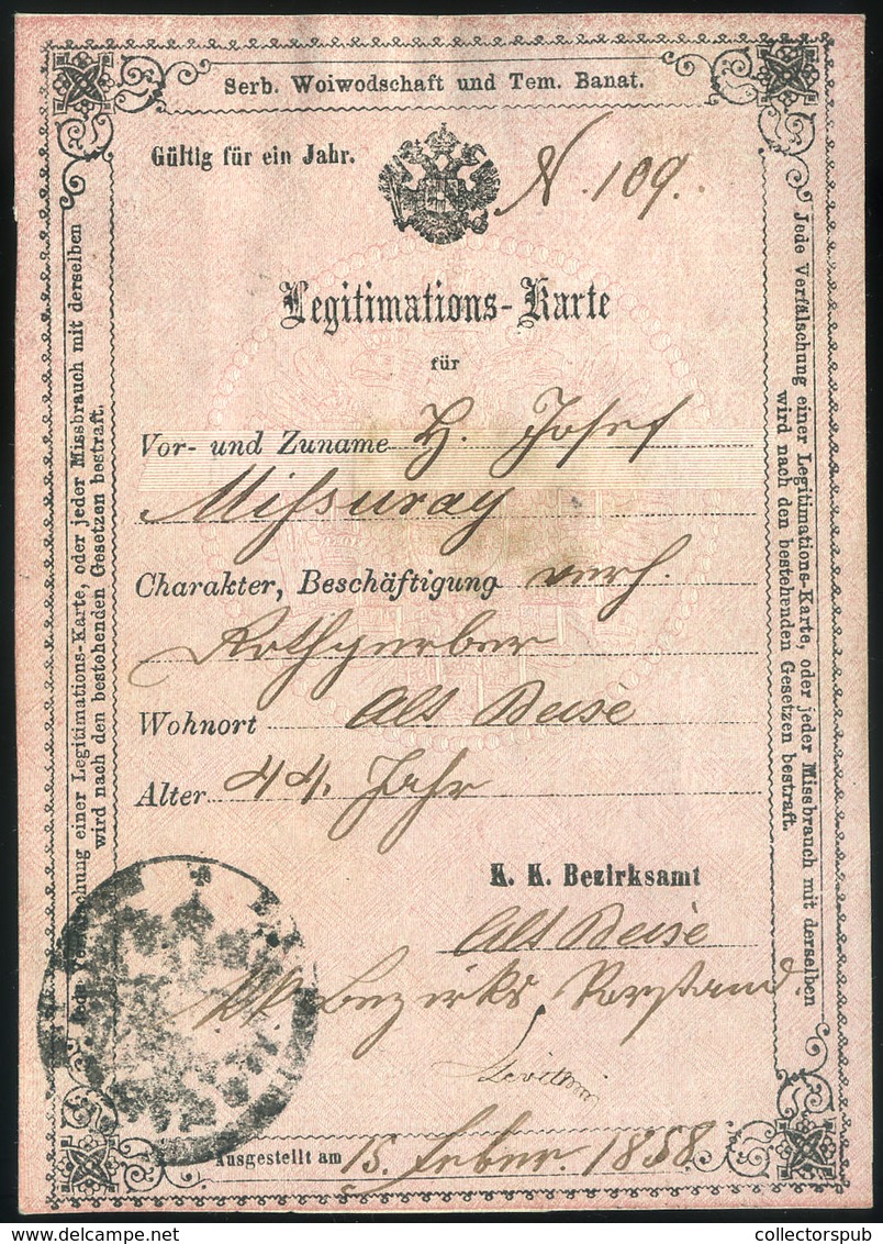 97681 ÓBECSE 1859. Szép Igazolvány, Okmány Bélyegekkel  /  ÓBECSE 1859 Nice ID, Stamp Duty - Revenue Stamps