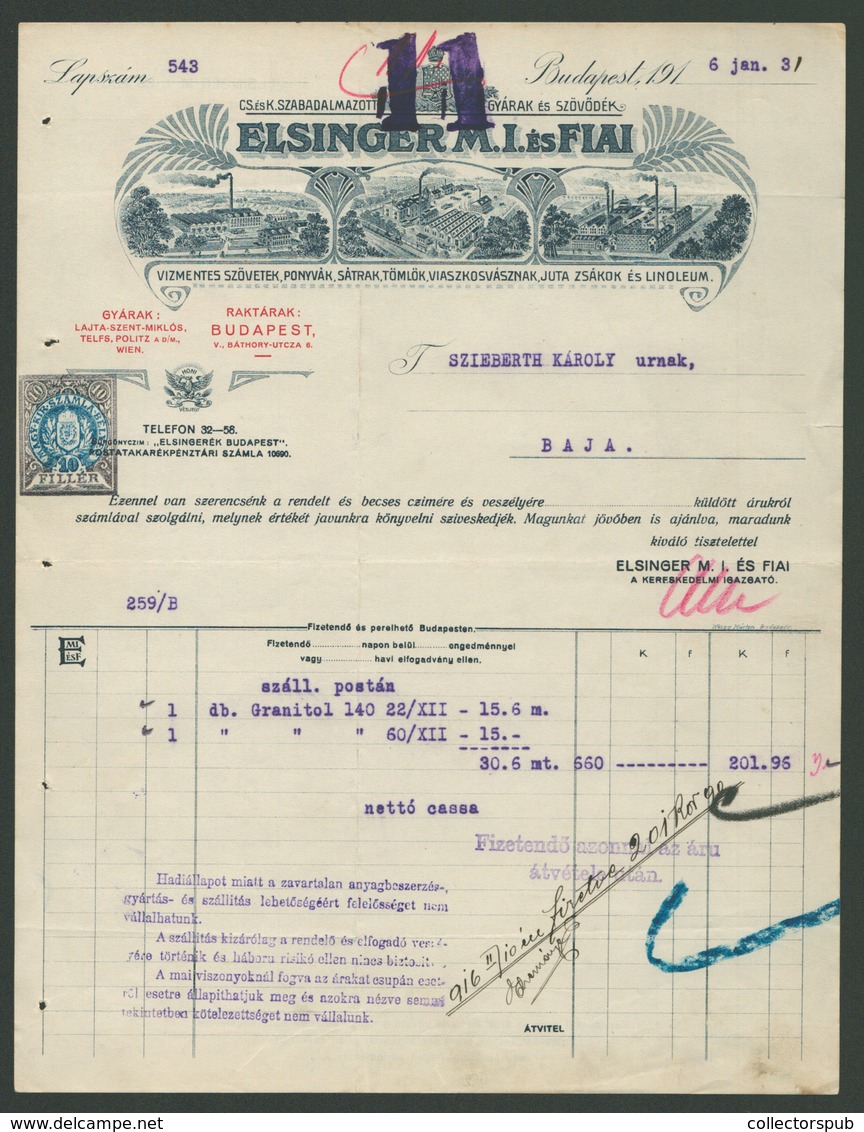 97347 ELSINGER és FIAI 1916. Fejléces, Céges Számla  /  ELSINGER And SONS 1916 Letterhead Corp. Bill - Unclassified