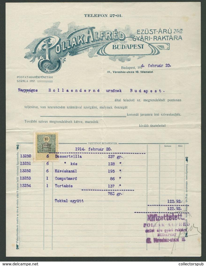 97344 POLLÁK Alfréd Ezüst árú Raktár 1914. Fejléces, Céges Számla  /  Alfred POLLAK Silver Wares 1914 Letterhead Corp. B - Unclassified