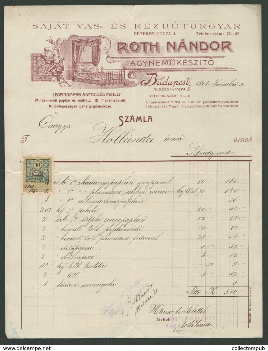 97345 ROTH Nándor Ágyneműkészítő 1908. Fejléces, Céges Számla  /  Nándor ROTH Bedding Manufacturer 1908 Letterhead Corp. - Non Classés