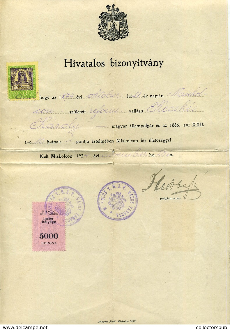 96735 MISKOLC 1924. Régi Dokumentum Ínség Bélyeggel - Fiscaux