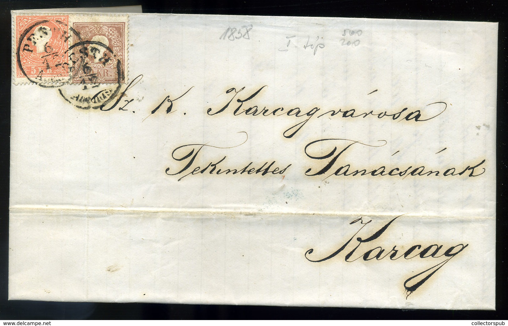 95846a PEST 1858. 10+5Kr I. Tip. érdekes Tartalmú Levélen Karcagra Küldve - Used Stamps