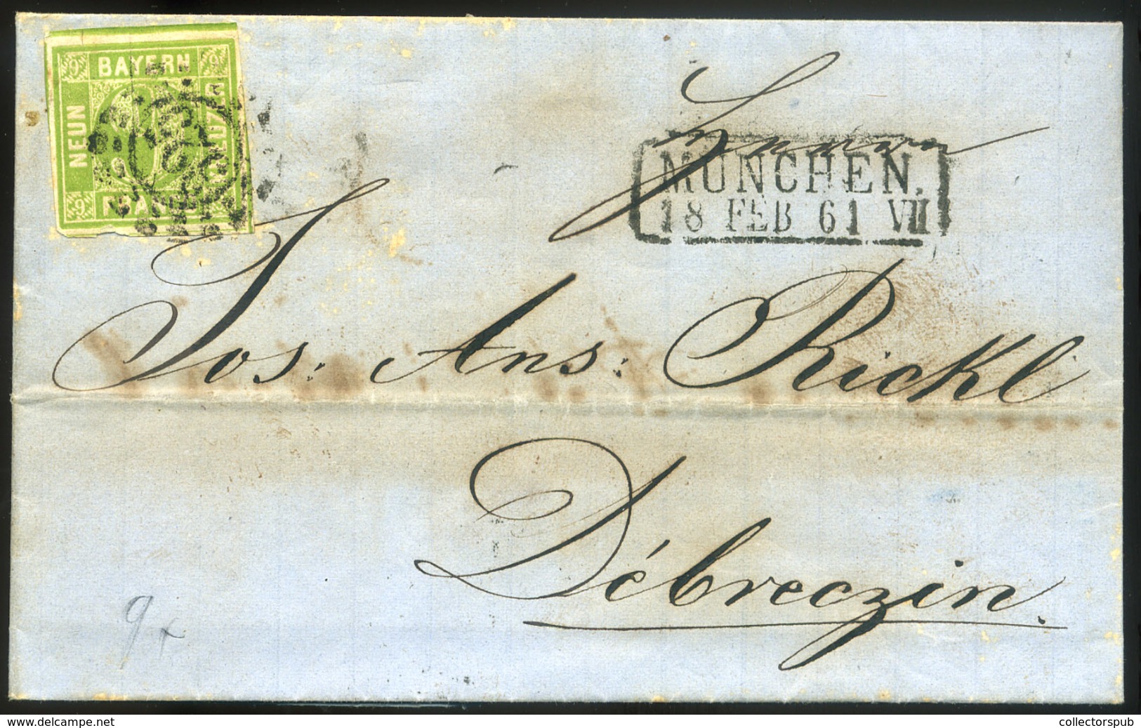 97828 BAYERN 1861. 9 Kreuzer Levélen Debrecenbe Küldve  /  BAYERN 1861 9 Kreuzer Letter To Debrecen - Gebraucht