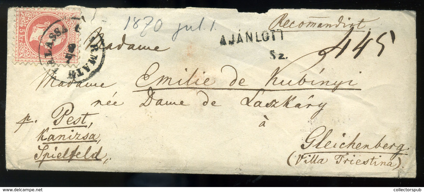 96330 BALASSAGYARMAT 1870. Ajánlott Levél 5Kr+10Kr Gleichenbergbe Küldve (hátul Papír Hiányos ) - Used Stamps