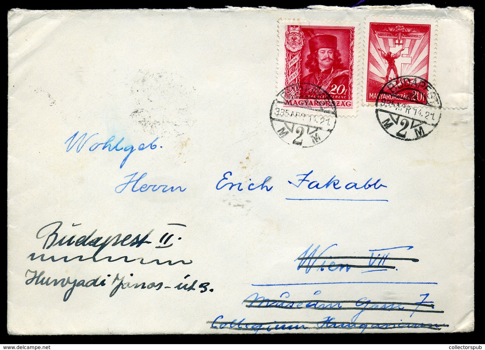 95687 BUDAPEST 1935. Rákóczi-Repülő Azonos Címletű Bérmentesítés, Bécsből Visszaküldött Levélen - Lettres & Documents