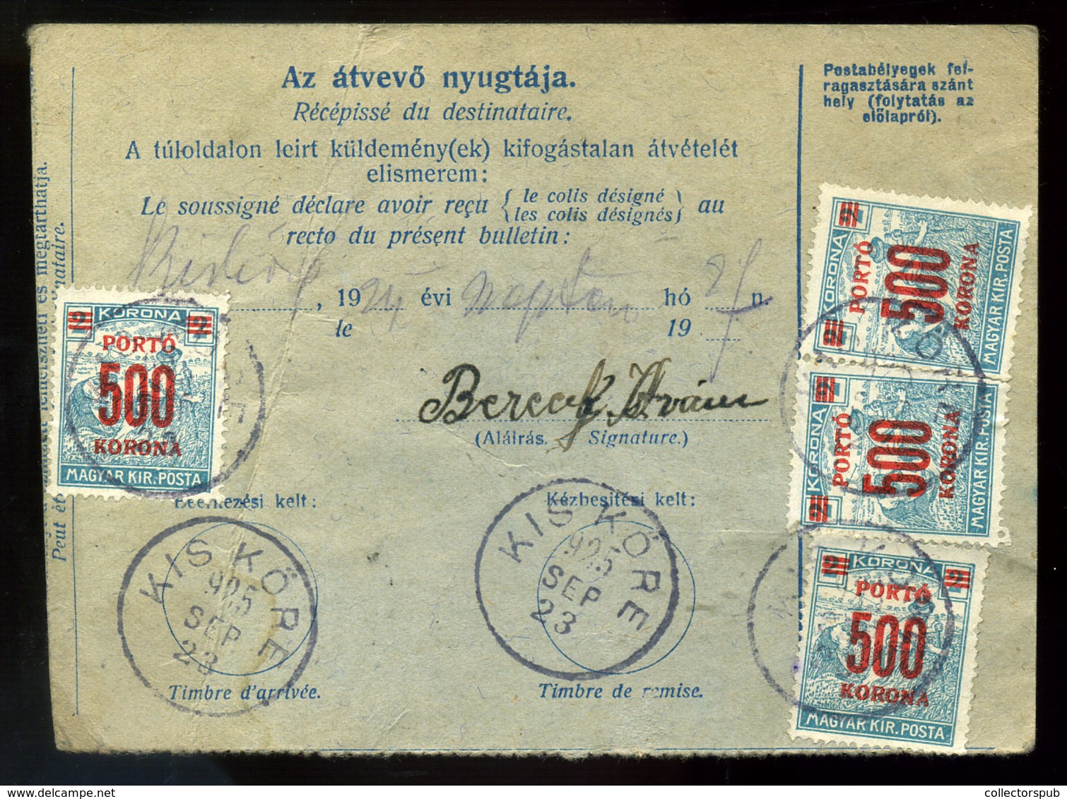 95702 EGER 1925. Csomagszállító Kiskörére Küldve, Hivatalos és Portóbélyegekkel - Lettres & Documents