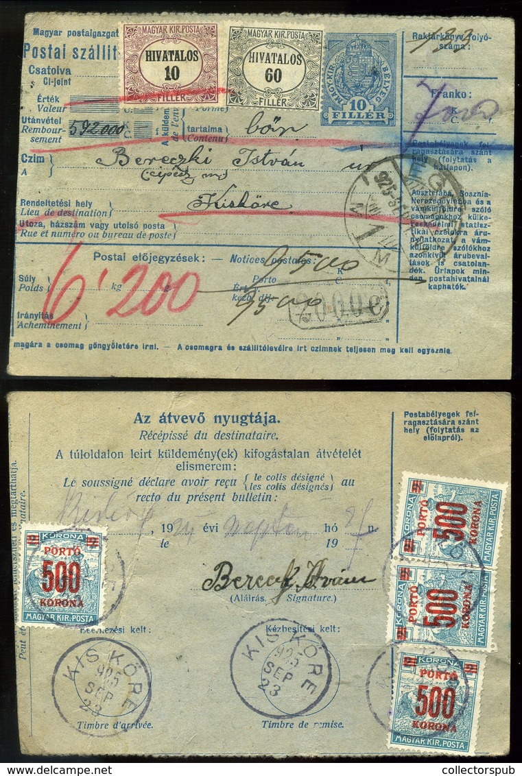 95702 EGER 1925. Csomagszállító Kiskörére Küldve, Hivatalos és Portóbélyegekkel - Covers & Documents