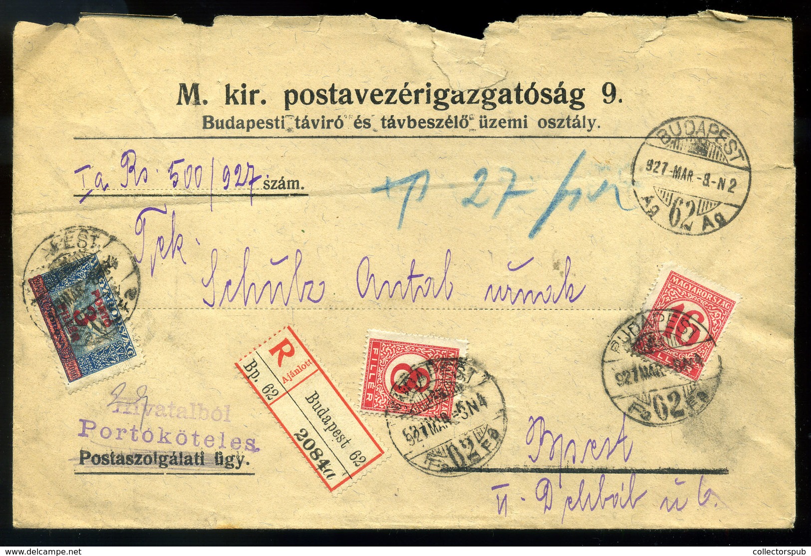 95709 BUDAPEST 1927. Helyi Ajánlott Levél, Vegyes Portózással - Lettres & Documents