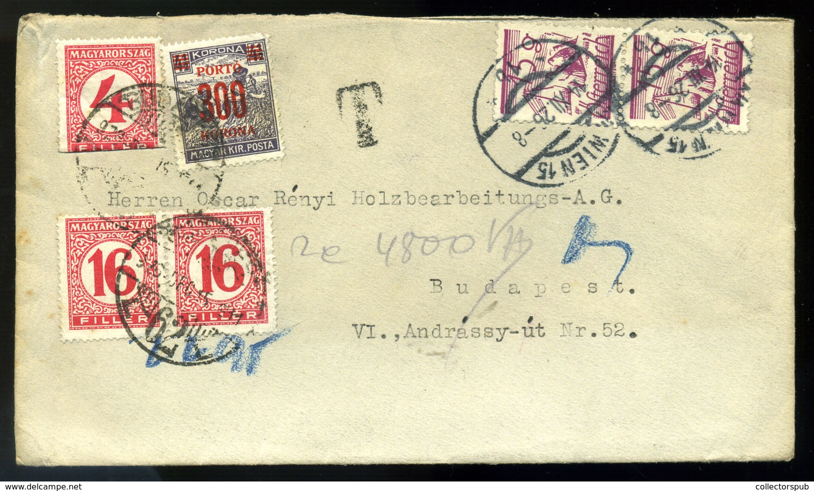 95782 1926. Levél Ausztriából Budapestre , Dekoratív Korona-fillér Vegyes Portózással - Covers & Documents