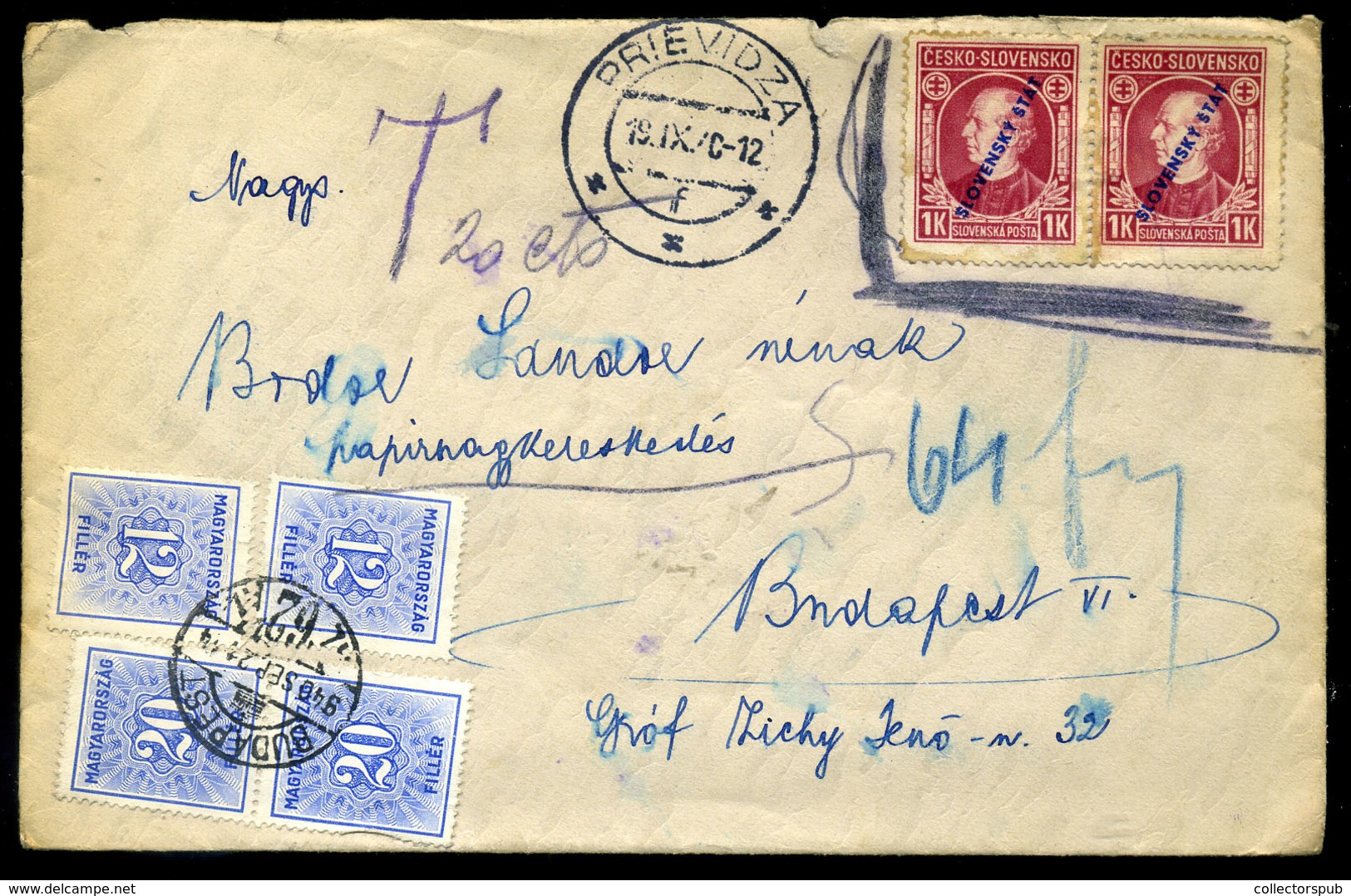 95784 1940. Levél Privigyéből, érvénytelen Szlovák Bélyegekkel Budapestre Küldve, Portózva. Érdekes Darab! - Covers & Documents