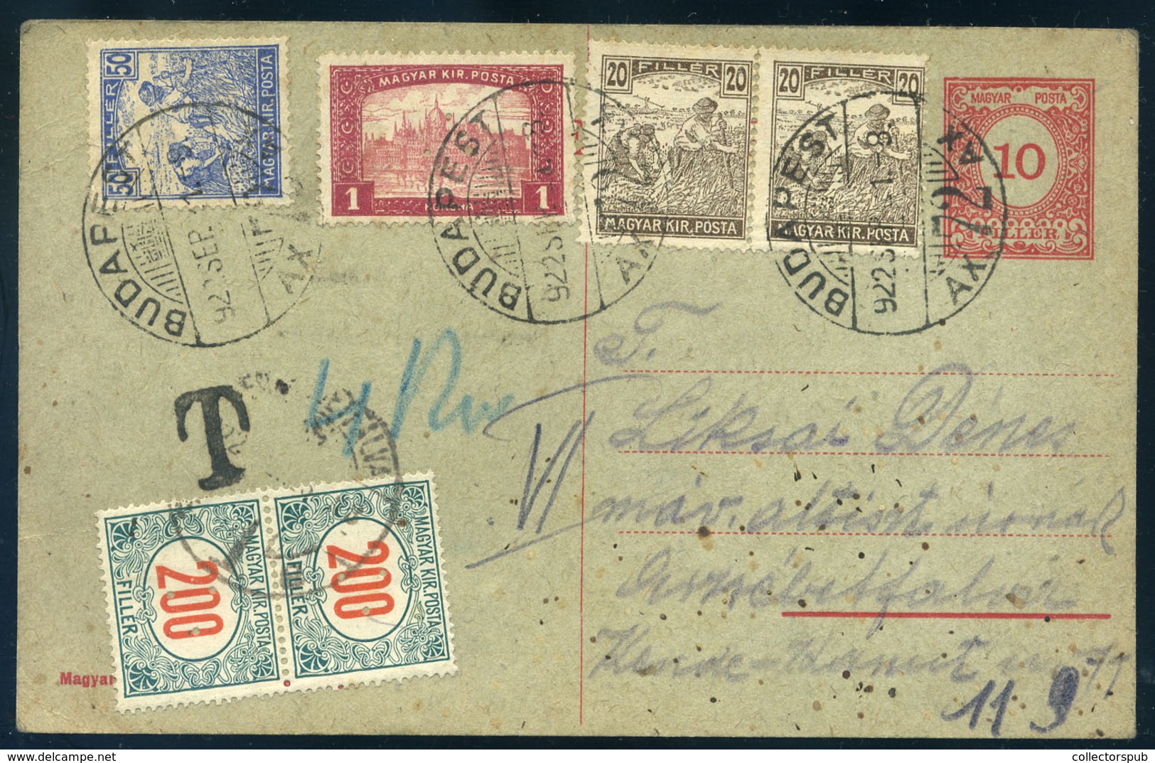 89764 BUDAPEST 1922. Kiegészített Infla Díjjegyes Levlap, Erzsébetfalvára Küldve, Portózva - Lettres & Documents