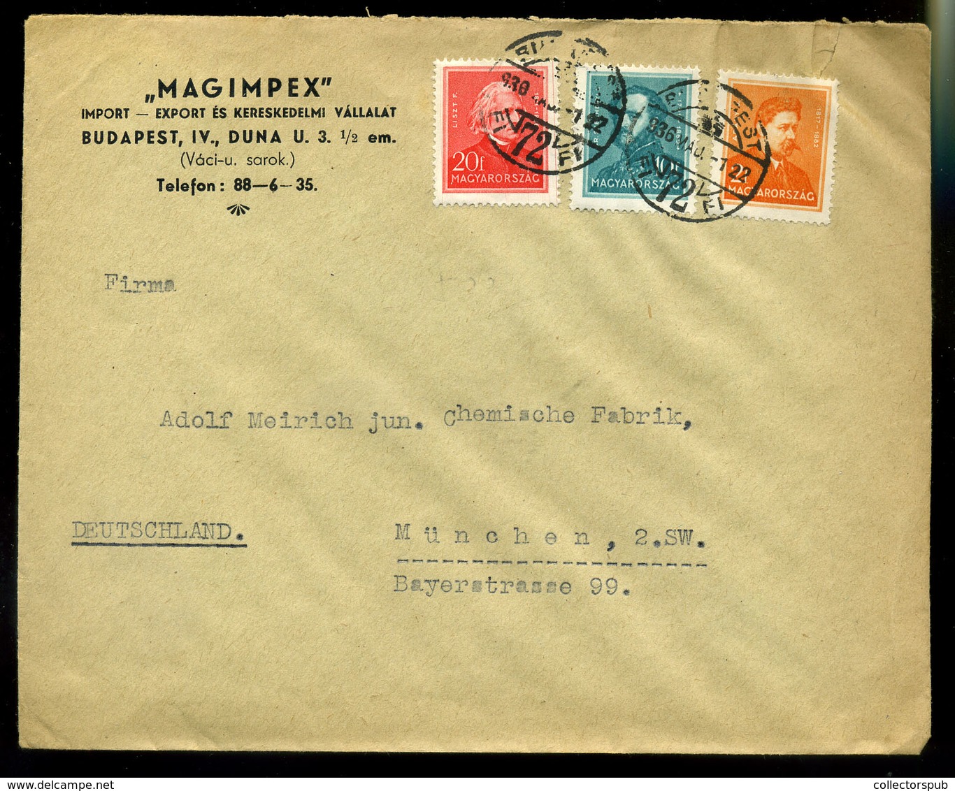 93445 BUDAPEST 1936. Céges Levél Arcképek Bérmentesítéssel Münchenbe Küldve - Lettres & Documents