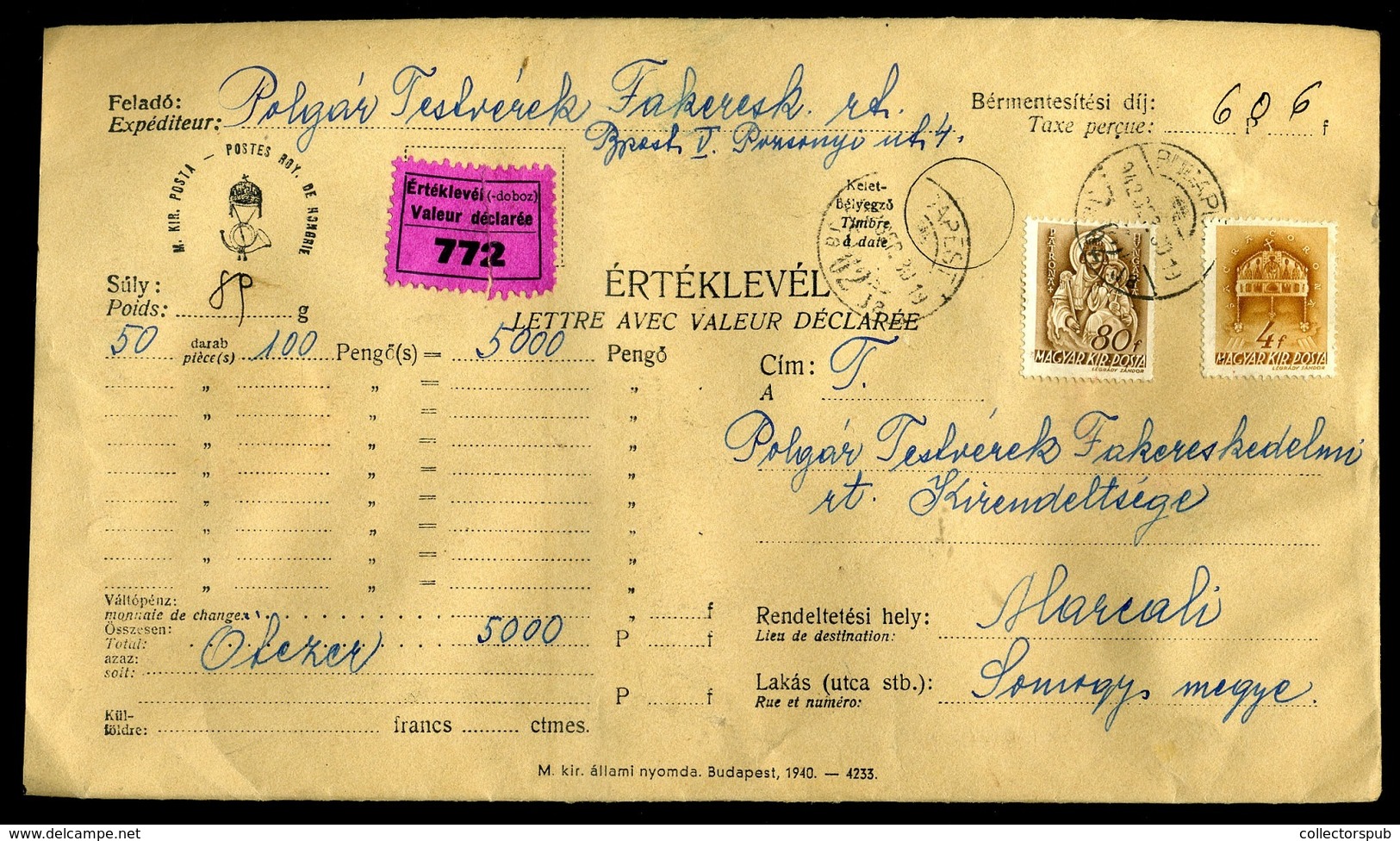 95805 BUDAPEST 1942. Dekoratív értéklevél Marcaliba Küldve - Lettres & Documents