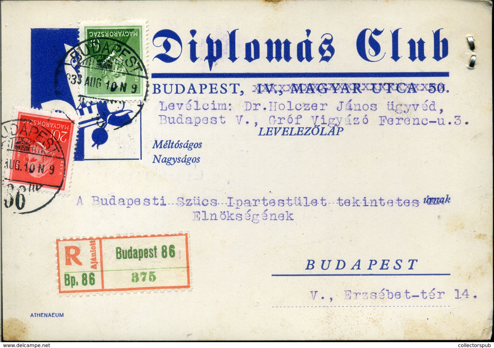 95858 BUDAPEST 1933. Helyi,ajánlott Levlap Arcképek Bérmentesítéssel - Covers & Documents