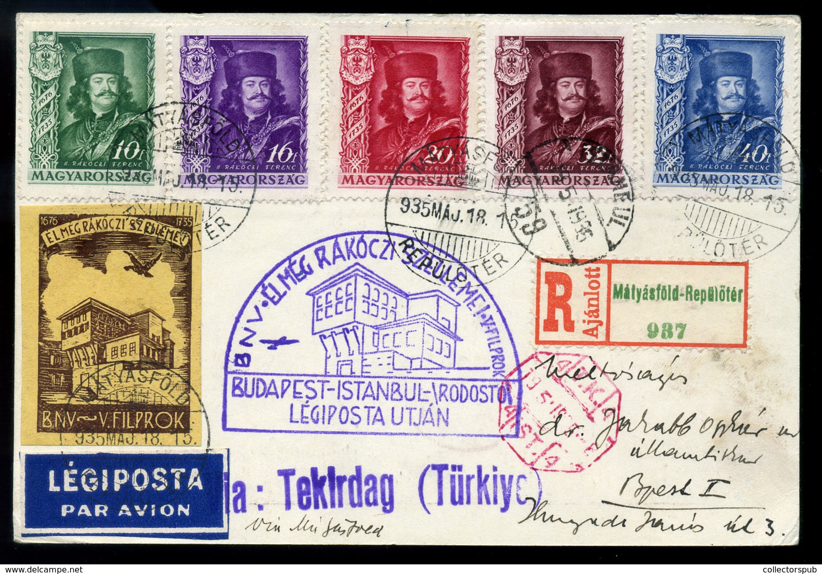 95774 MÁTYÁSFÖLD 1935. Rákóczi Sor Alkalmi Légi Levlapon Rodostóba Küldve - Covers & Documents