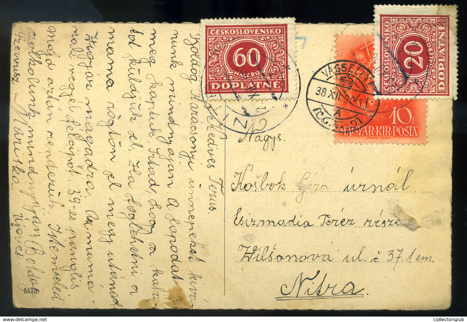 95842 VÁGSELLYE 1938. Képeslap Nyitrára Küldve,portózva.érdekes! HUNGARY / SLOVAKIA - Lettres & Documents