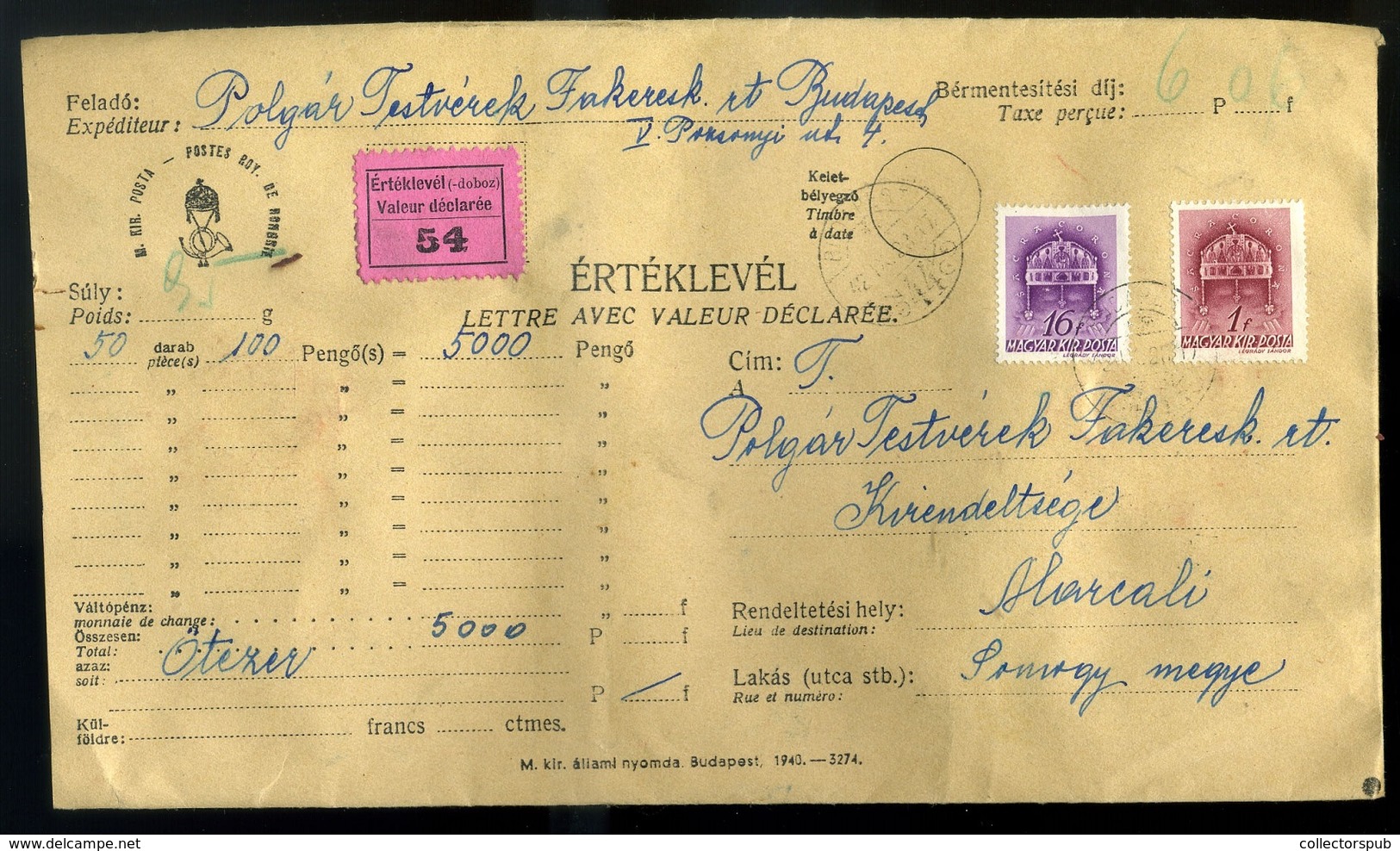 95826 BUDAPEST 1942. Szép értéklevél, 12 Bélyeges Bérmentesítéssel, Közte Horthy 5P Marcaliba Küldve - Lettres & Documents