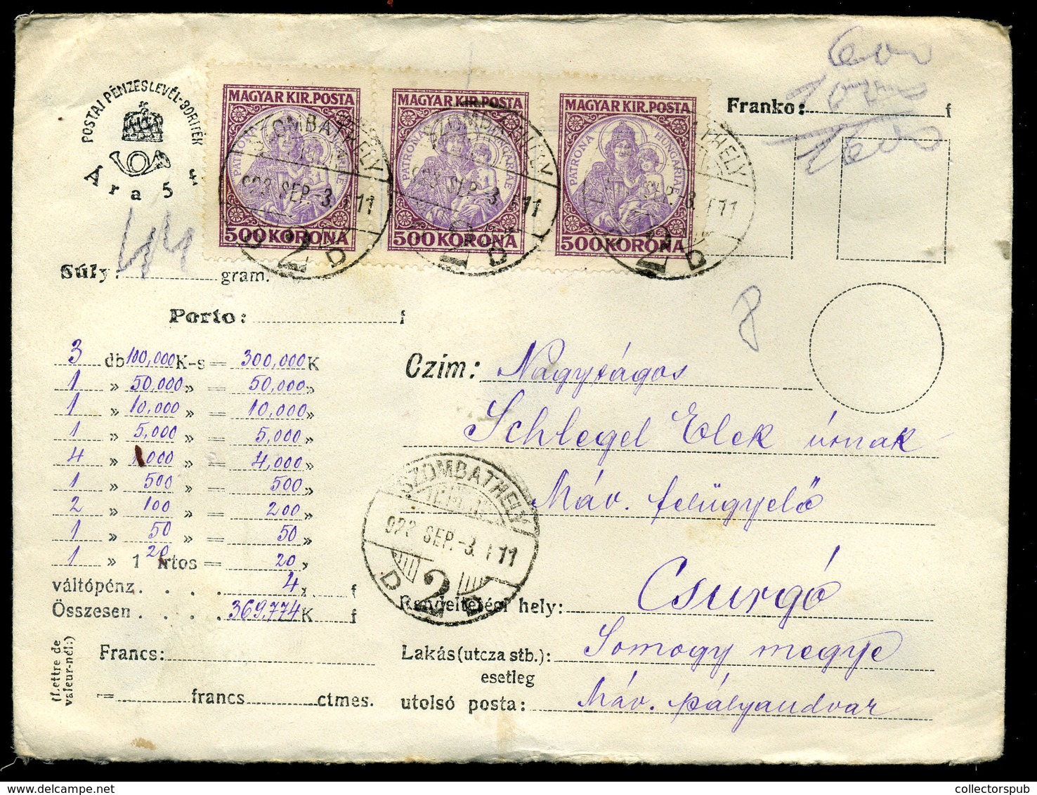 95828 SZOMBATHELY 1923. Értéklevél, Koronás Madonna 3*500K +Parlament 100K  Csurgóra Küldve - Lettres & Documents