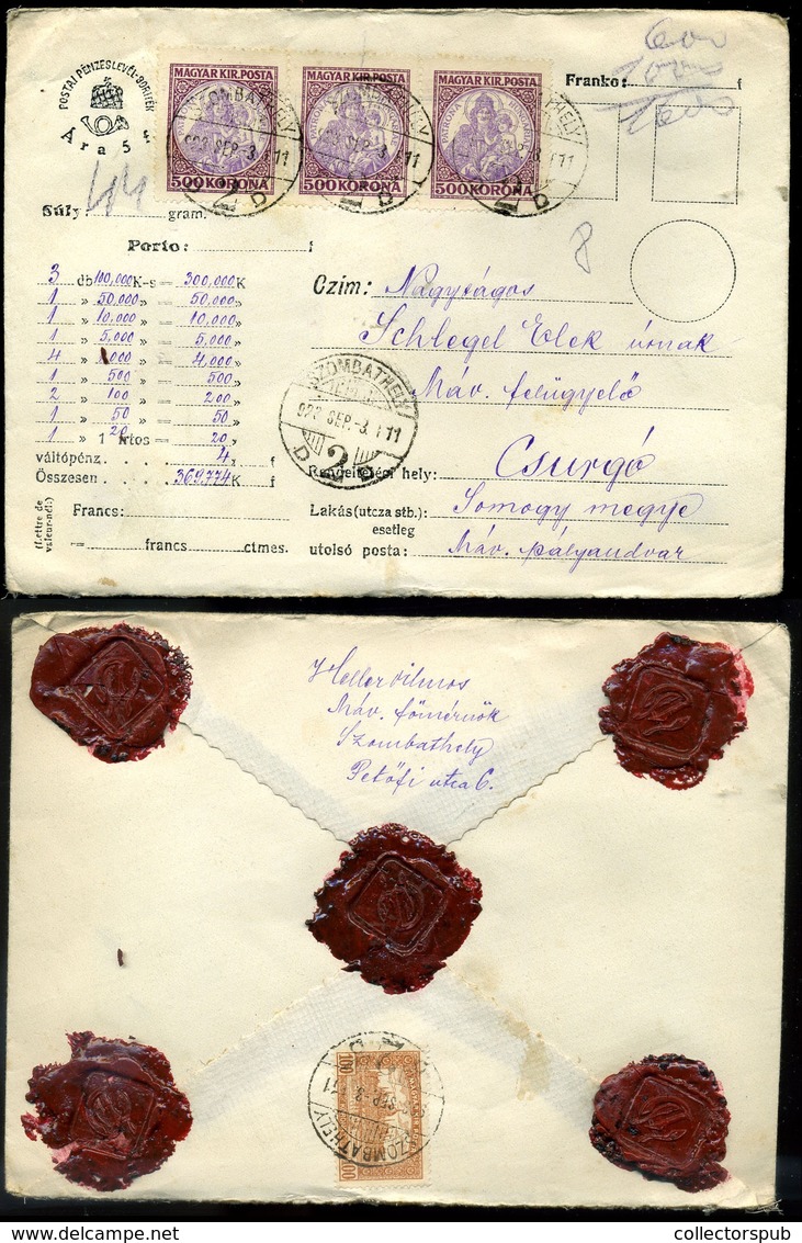 95828 SZOMBATHELY 1923. Értéklevél, Koronás Madonna 3*500K +Parlament 100K  Csurgóra Küldve - Lettres & Documents