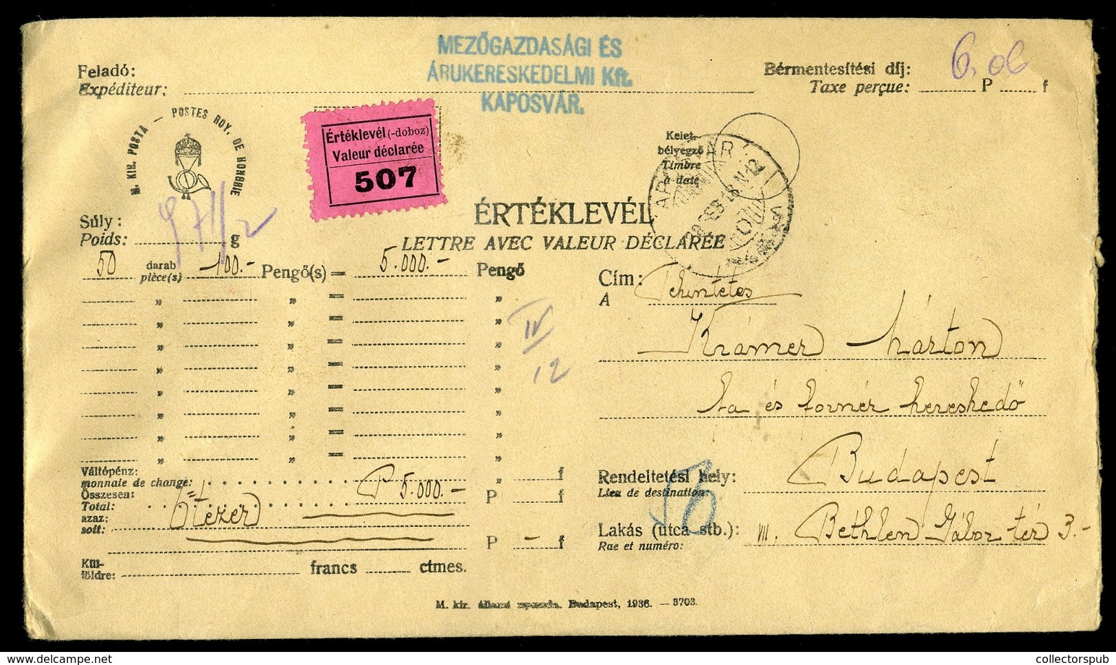 95838 KAPOSVÁR. Értéklevél, Nagy Madonna-Repülő-Arcképek Bérmentesítéssel Budapestre - Lettres & Documents