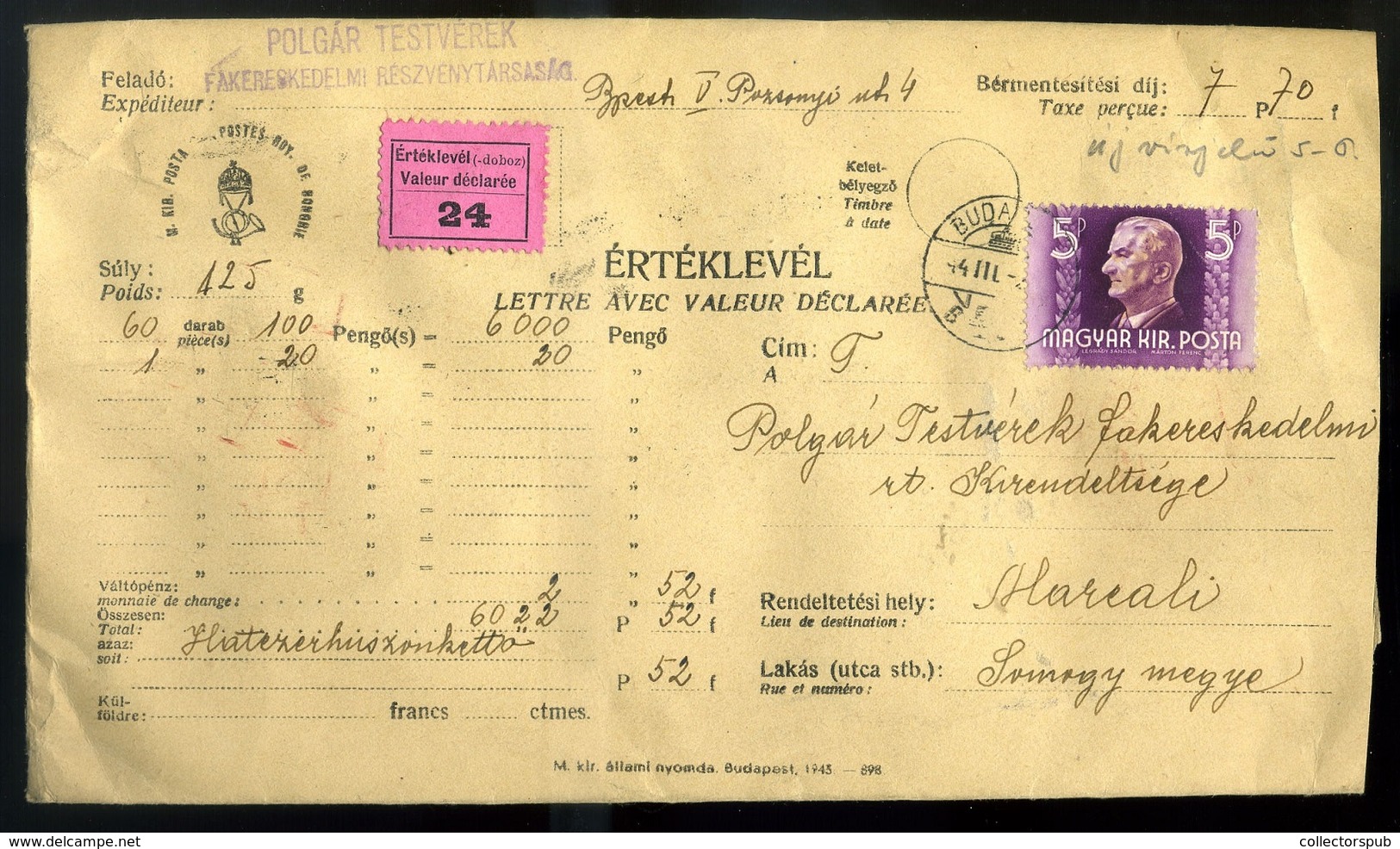 95839 BUDAPEST 1944. Értéklevél, Ritka Vegyes Bérmentesítéssel Marcaliba Küldve - Lettres & Documents