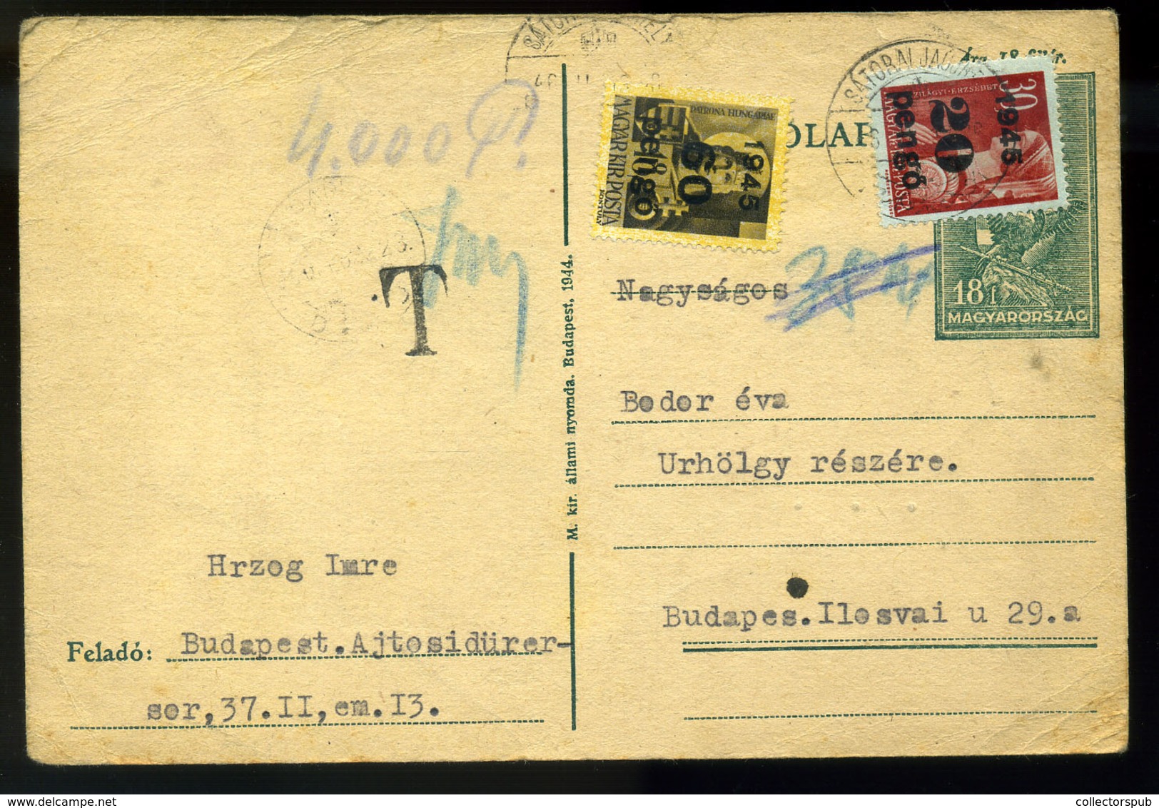 95776 SÁTORALJAÚJHELY 1945. Díjjegyes Infla Levlap Budapestre Küldve, Portózva - Lettres & Documents