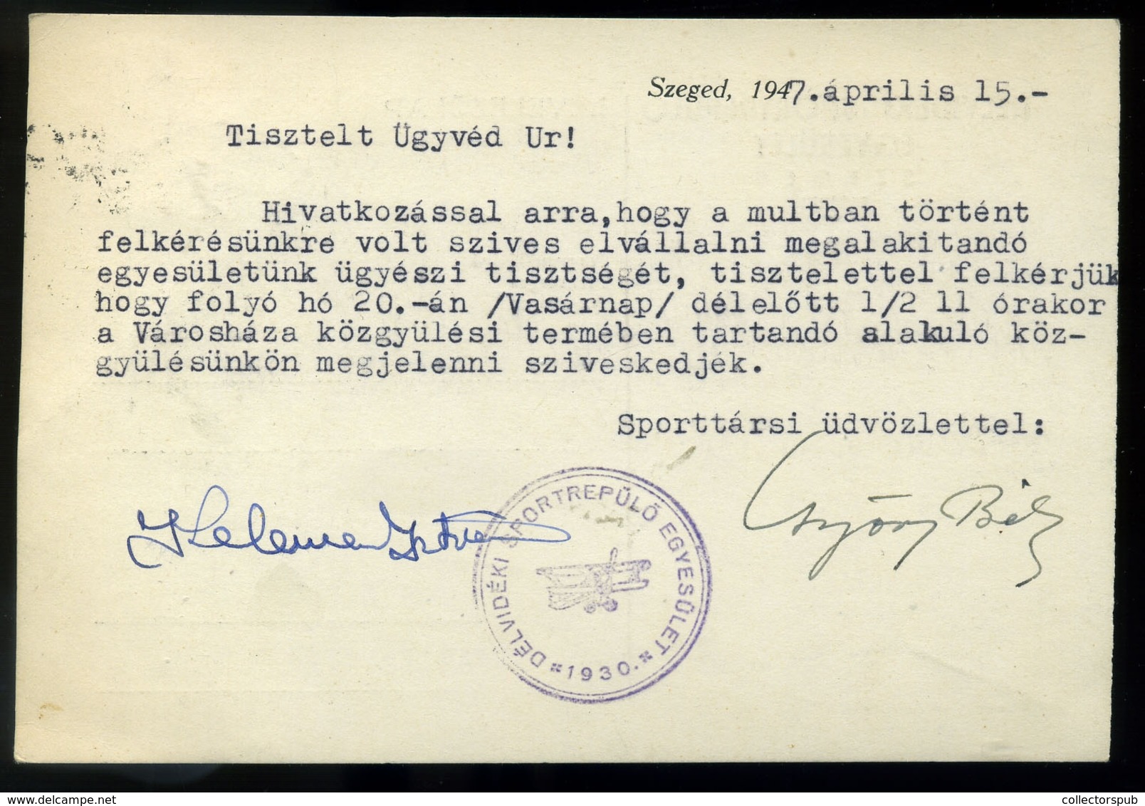 95821 SZEGED 1947. Délvidéki Sportrepülő Egyesület , Régi Levlap - Lettres & Documents